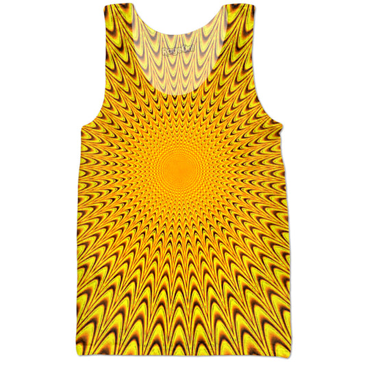 A custom-printed yellow tank top with a geometric pattern featuring interlacing circles.