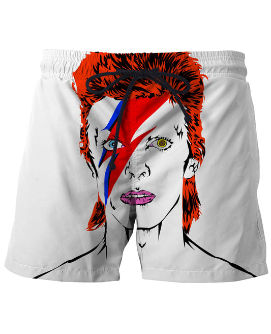 Swim trunks featuring a vibrant print of David Bowie's character Ziggy Stardust on the front.