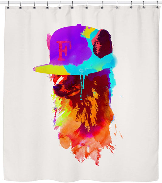 A colorful shower curtain featuring a stylized image of a dog wearing a cap with abstract human face patterns in multiple vibrant colors.