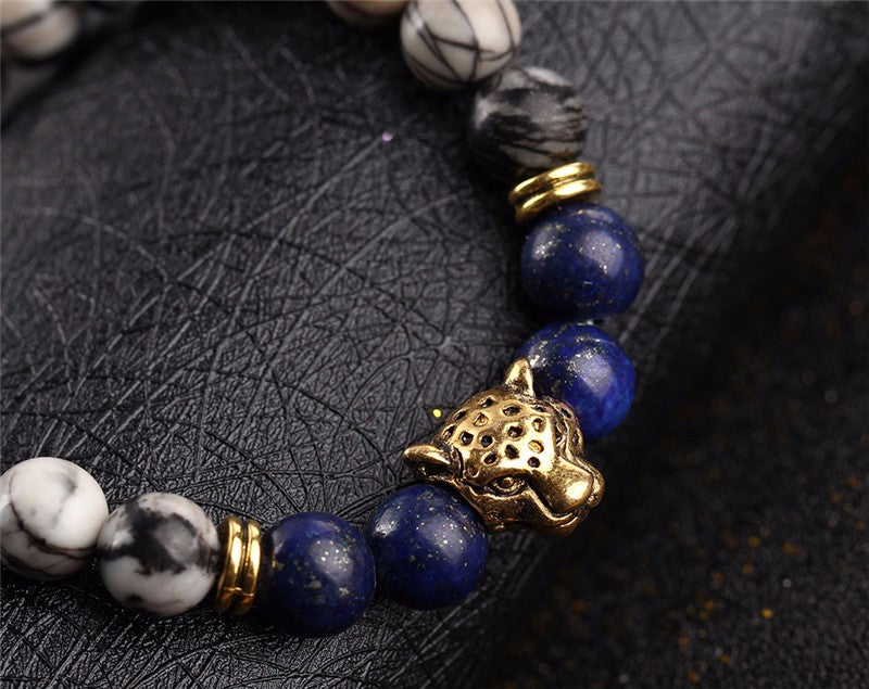 Leopard Head Beaded Stone Bracelet
